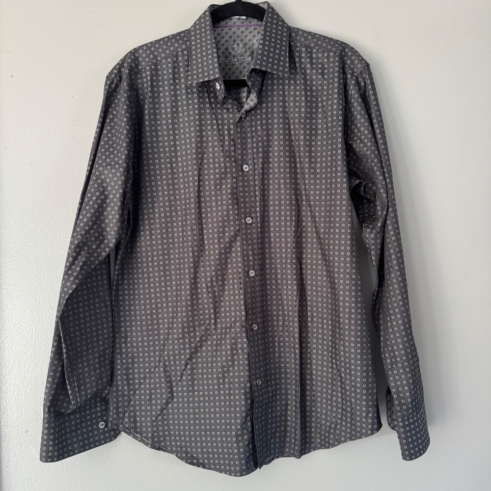 Bugatchi Black + Grey Squares Long Sleeve Button Down Shirt MEDIUM